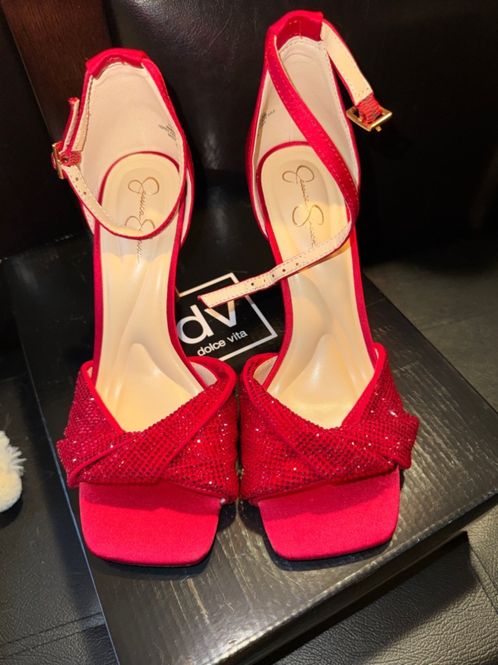 Jessica Simson Red Sequin Cross-Front Ankle-Strap Heels